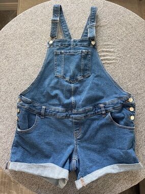Women Denim Blue Maternity Short Overalls